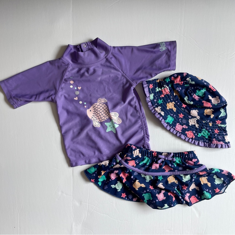 Swim set! Tee, skirt & built-in swim diaper, and hat - size 12-18mo and UPF 50